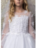 Long Sleeves Beaded Lace Tulle Tea Length Flower Girl Dress Long Sleeves Beaded Lace Tulle Tea Length Flower Girl Dress